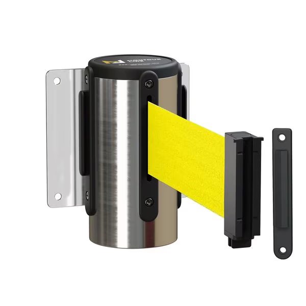 Retr. Belt Barrier Wall Mnt Pol. SS Fxd, 11' Fluorescent YLW Belt, Montour Line, Mfr#: WM115-PS-FYW-F-S-110